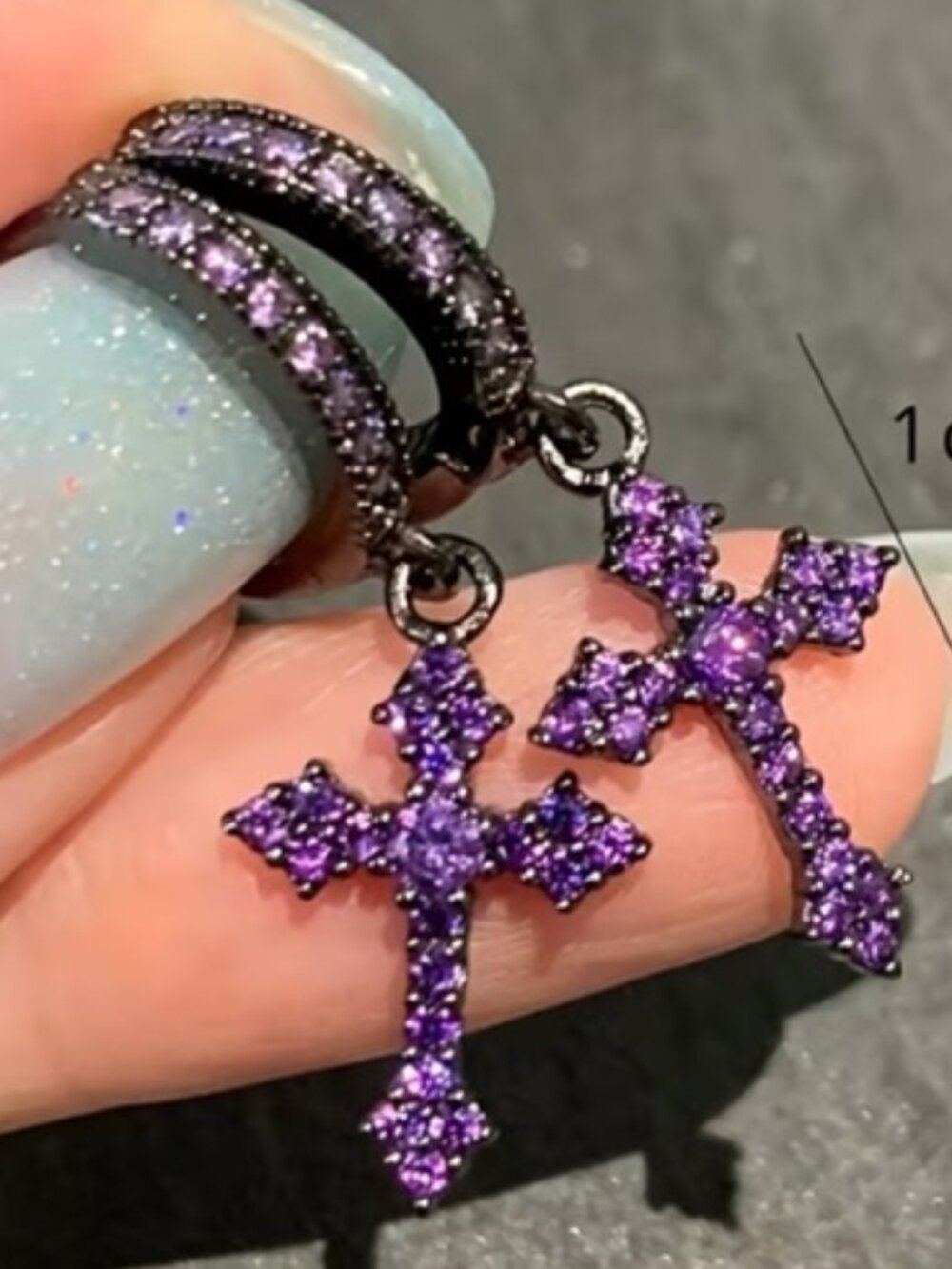 DESIGNER Goth Cross Black/Purple Crystals Hoop Earrings**NEW!